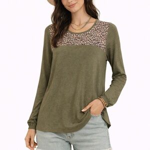 NWT Umgee Olive Green Leopard Print Women's Boho Long Sleeve Top